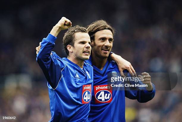 Christophe Dugarry of Birmingham City celebrates scoring the opening goal with team-mate Stephen Clemence during the FA Barclaycard Premiership match...