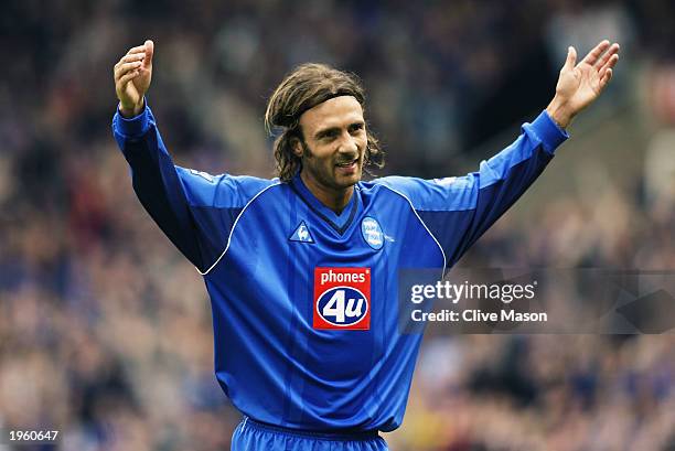 Christophe Dugarry of Birmingham City celebrates scoring the opening goal during the FA Barclaycard Premiership match between Birmingham City and...