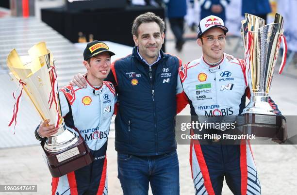 Monte Carlo , France - 28 January 2024; Hyundai Motorsport team principal Cyril Abiteboul celebrates with Thierry Neuville and Martijn Wydaeghe after...