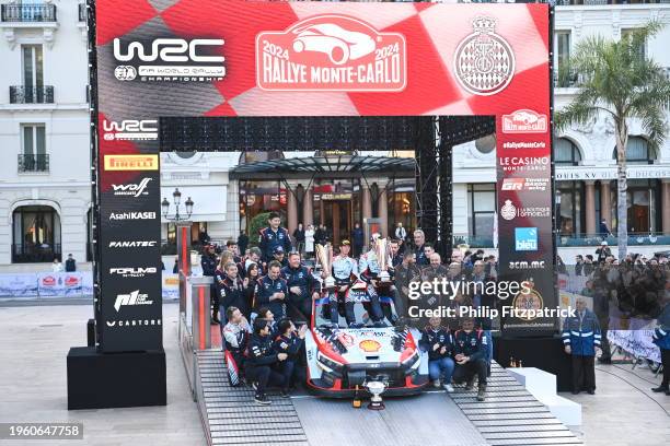 Monte Carlo , France - 28 January 2024; The Hyundai Motorsport team celebrate with Thierry Neuville and Martijn Wydaeghe after winning the FIA World...