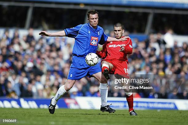 Geoff Horsfield of Birmingham City uses his strength to win the ball from Stuart Parnaby of Middlesbrough during the FA Barclaycard Premiership match...