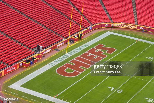 The Kansas City Chiefs logo in the end zone at Arrowhead Stadium on December 25, 2023 in Kansas City, Missouri.