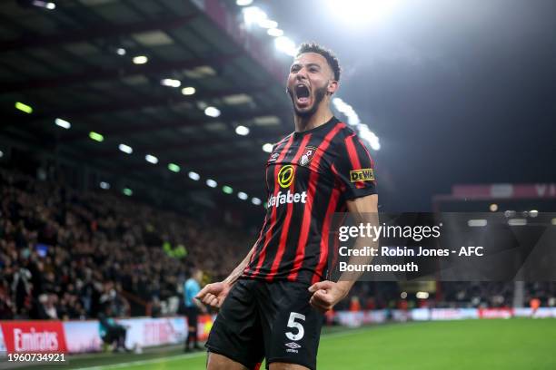 Lloyd Kelly of Bournemouth celebrates after scoring to make it 1-0 during the Emirates FA Cup Fourth Round match between AFC Bournemouth and Swansea...