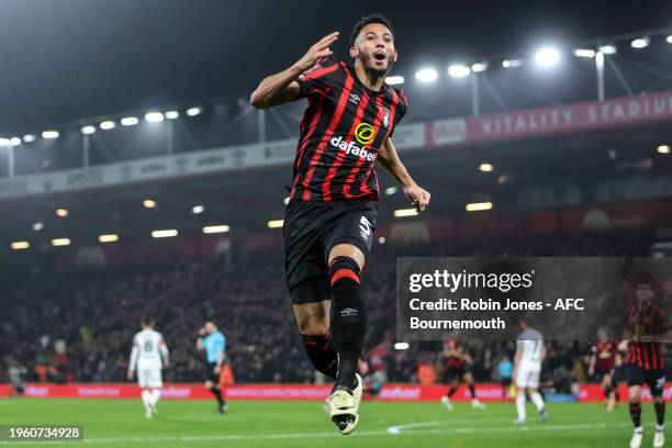 Lloyd Kelly of Bournemouth celebrates after scoring to make it 1-0 during the Emirates FA Cup Fourth Round match between AFC Bournemouth and Swansea...