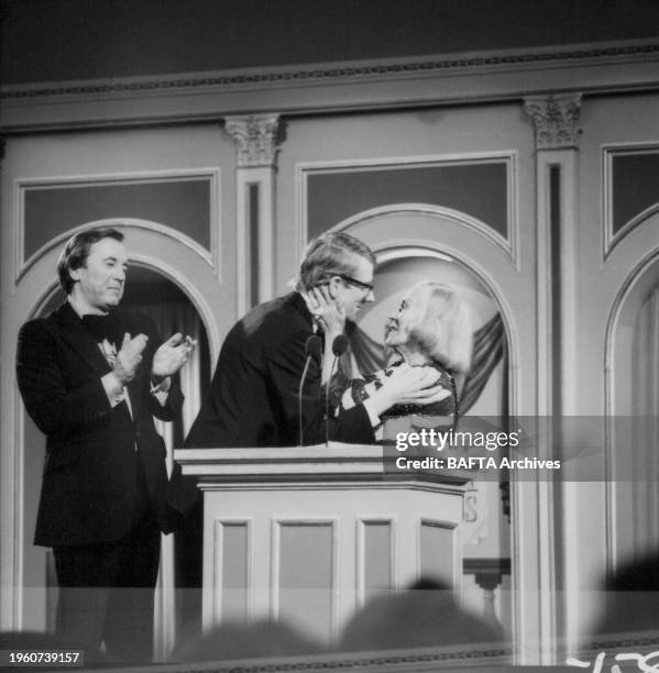 David Frost, Kevin Brownlow, winner of the Outstanding British Contribution to Cinema award, and presenter Gloria Swanson