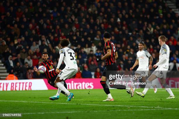 Lloyd Kelly of AFC Bournemouth scores his team's first goal during the Emirates FA Cup Fourth Round match between AFC Bournemouth and Swansea City at...