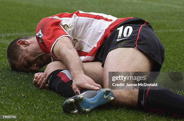 Kevin Phillips of Sunderland is injured during the FA Barclaycard Premiership match between Sunderland and West Bromwich Albion held on April 19,...