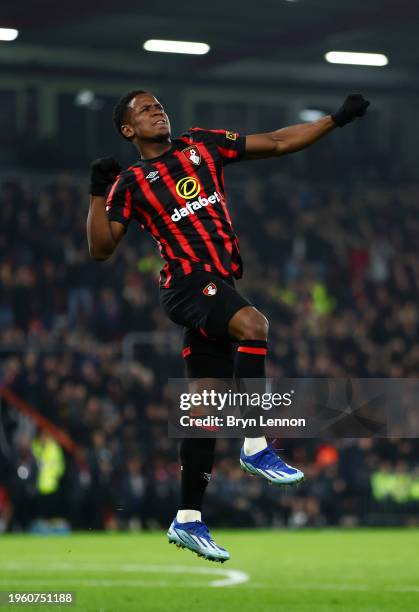 Luis Sinisterra of AFC Bournemouth celebrates scoring his team's third goal during the Emirates FA Cup Fourth Round match between AFC Bournemouth and...