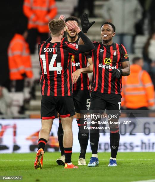 Luis Sinisterra of Bournemouth is congratulated by team-mates Lloyd Kelly and Alex Scott after scores a goal to make it 3-0 during the Emirates FA...