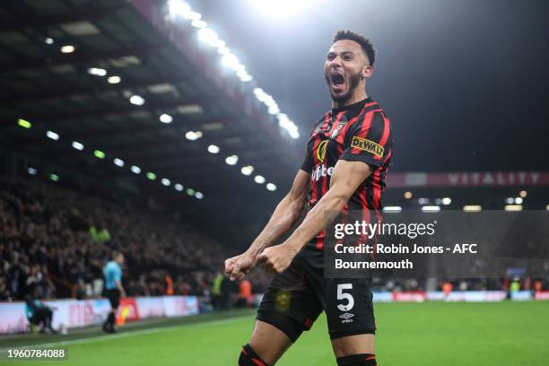 Lloyd Kelly of Bournemouth celebrates after scoring to make it 1-0 during the Emirates FA Cup Fourth Round match between AFC Bournemouth and Swansea...