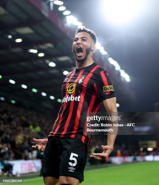 Lloyd Kelly of Bournemouth celebrates after scoring to make it 1-0 during the Emirates FA Cup Fourth Round match between AFC Bournemouth and Swansea...