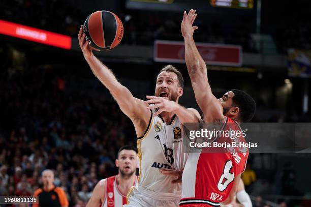 Sergio Rodriguez of Real Madrid and Naz Mitrou-Long of Olympiacos Piraeus in action during the Turkish Airlines EuroLeague Regular Season Round 23...