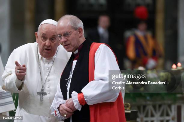 Pope Francis speaks to Archbishop of Canterbury Justin Welby during the celebration of the second vespers on the occasion of the solemnity of the...