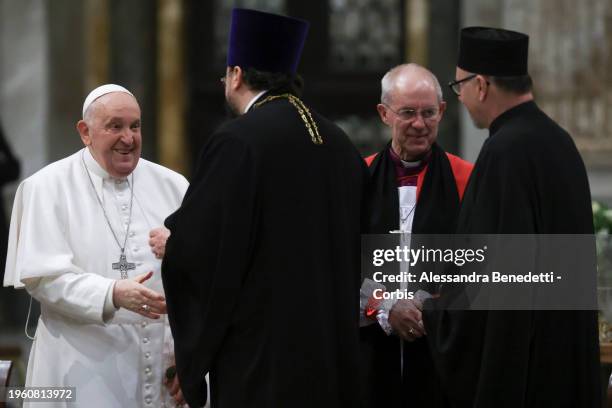 Pope Francis and Archbishop of Canterbury Justin Welby attends the celebration of the second vespers on the occasion of the solemnity of the...