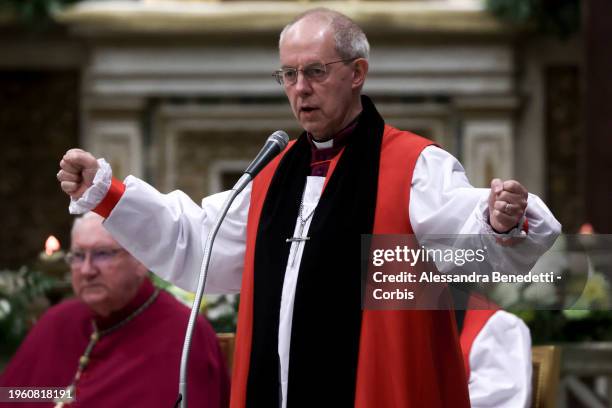 Archbishop of Canterbury Justin Welby speaks during the celebration of the second vespers on the occasion of the solemnity of the conversion of St....