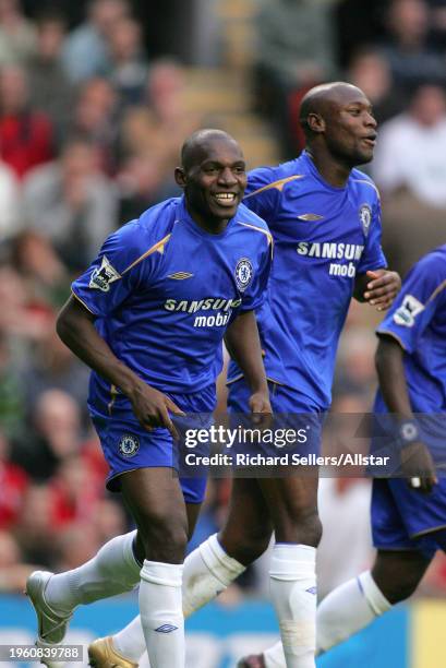 October 2: Geremi of Chelsea and William Gallas of Chelsea celebrate during the Premier League match between Liverpool and Chelsea at Anfield on...