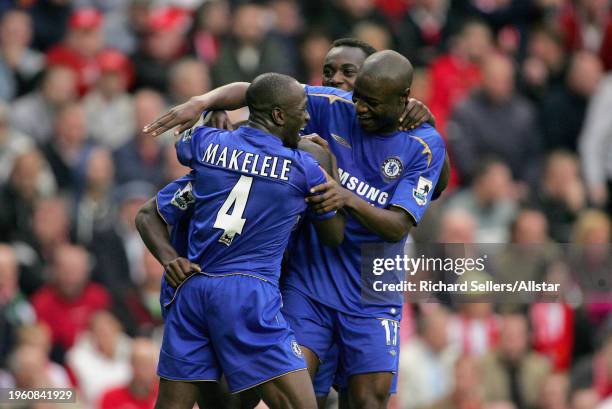 October 2: Geremi of Chelsea, Claude Makelele of Chelsea and William Gallas of Chelsea celebrate during the Premier League match between Liverpool...