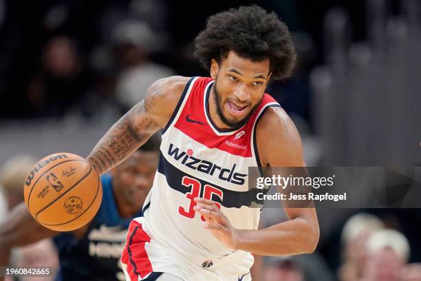 Marvin Bagley III of the Washington Wizards dribbles the ball during the second half against the Minnesota Timberwolves at Capital One Arena on...