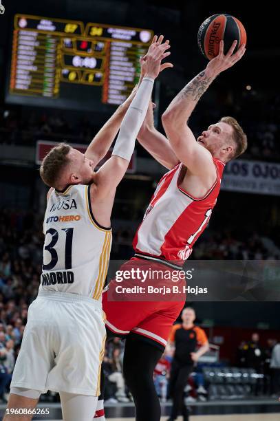 Dzanan Musa of Real Madrid and Ignas Brazdeikis of Olympiacos Piraeus in action during the Turkish Airlines EuroLeague Regular Season Round 23 match...