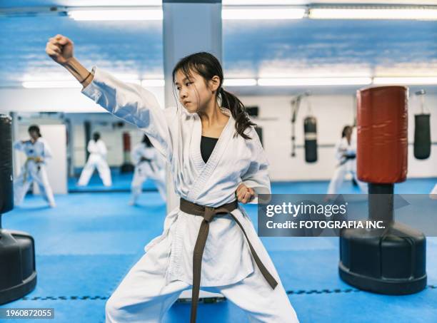young karate fighters in karate school - martial arts stock pictures, royalty-free photos & images