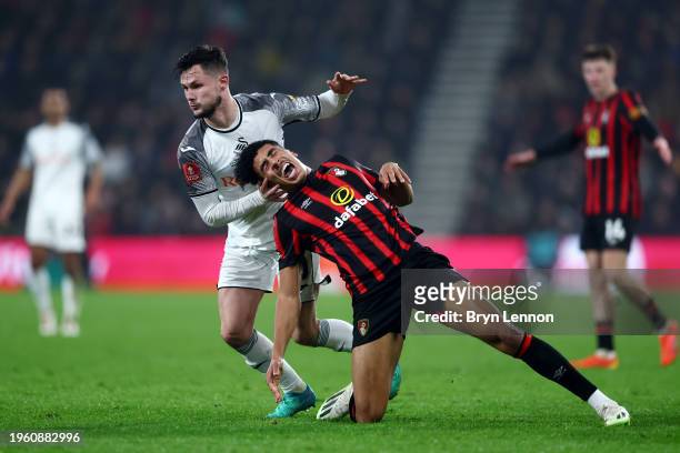 James Hill of AFC Bournemouth reacts after clashing with Liam Cullen of Swansea City during the Emirates FA Cup Fourth Round match between AFC...