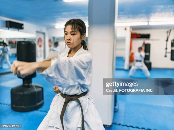 young karate fighters in karate school - taekwondo stock pictures, royalty-free photos & images