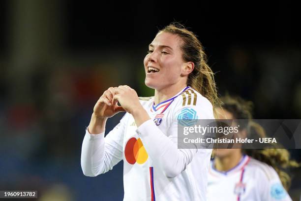 Vanessa Gilles of Olympique Lyonnais celebrates scoring her team's fourth goal during the UEFA Women's Champions League group stage match between SKN...