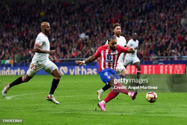 Memphis Depay of Atletico de Madrid scores a goal which is later disallowed during the Copa del Rey Quarter Final match between Atletico de Madrid...