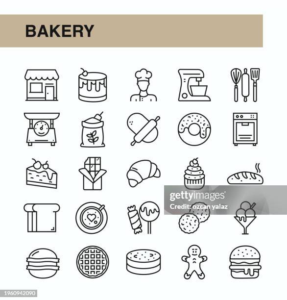 bakery products line icon set - illustration
bagel, biscuit - quick bread, brownie - pasta - biscuit quick bread stock illustrations