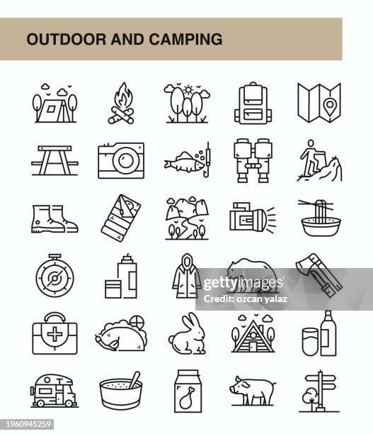 outdoor and camping line icon set illustrationadventure, axe, backpack, binoculars, bonfire, tent - hammock stock illustrations