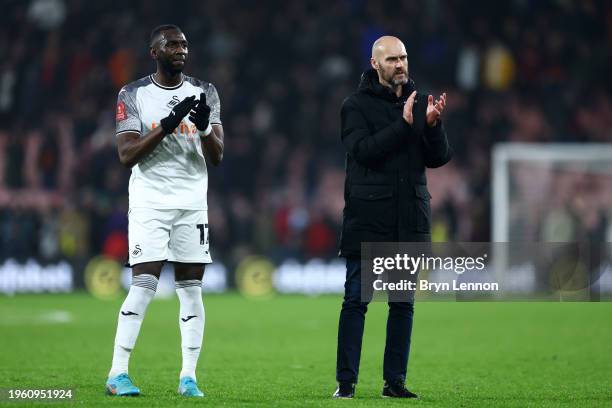 Yannick Bolasie of Swansea City and Luke Williams, Manager of Swansea City, show appreciation to the fans following the Emirates FA Cup Fourth Round...