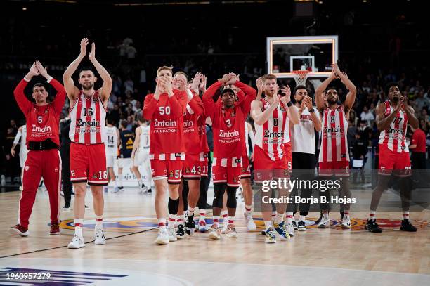 Players of Olympiacos Piraeus in after the Turkish Airlines EuroLeague Regular Season Round 23 match between Real Madrid and Olympiacos Piraeus at...