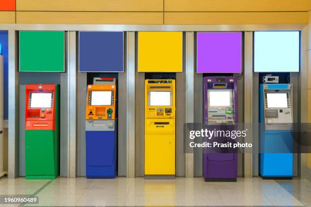 cash convenience colorful atm line in the lobby - atm screen stock-fotos und bilder
