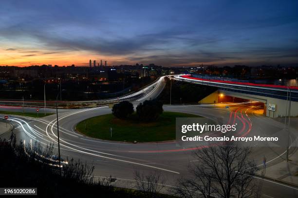 General view ahead Madrid skyline of Rivera del Sena street straight and the Valdebebas tunnel that would be part of the Formula 1 Gran Premio de...