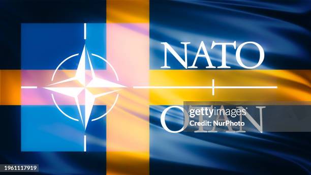 The NATO - OTAN logo is being displayed on a screen with the flag of Sweden in this photo illustration in Brussels, Belgium, on January 28, 2024.