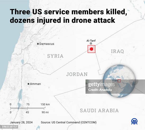 An infographic titled 'Three US service members killed, dozens injured in drone attack' created in Ankara, Turkiye on January 28, 2024.