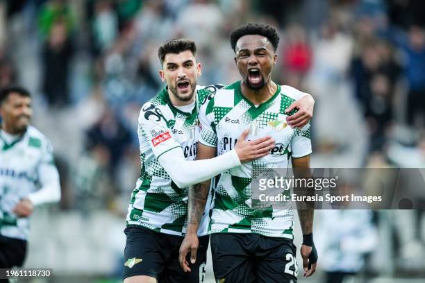 Jobson Maracas of Moreirense celebrating his goal with his teammate Ismael Ramos during the Liga Portugal Bwin match between Moreirense FC and FC...