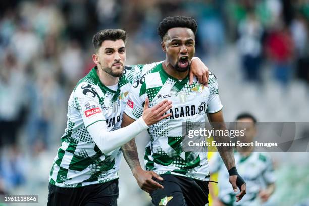 Jobson Maracas of Moreirense celebrating his goal with his teammate Ismael Ramos during the Liga Portugal Bwin match between Moreirense FC and FC...