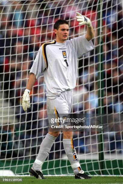 October 8: Craig Gordon of Scotland stood during the World Cup Qualifier match between Scotland and Belarus at Hampden Park on October 8, 2005 in...