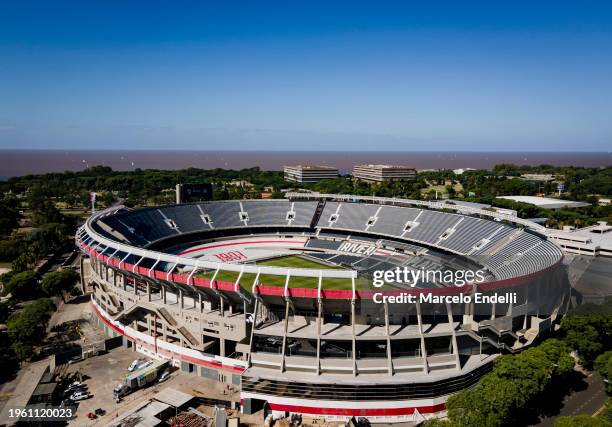 Aerial view of the Estadio Más Monumental Antonio Vespucio Liberti prior to a match between River Plate and Argentinos Juniors as part of group A of...