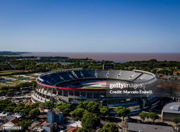 Aerial view of the Estadio Más Monumental Antonio Vespucio Liberti prior to a match between River Plate and Argentinos Juniors as part of group A of...