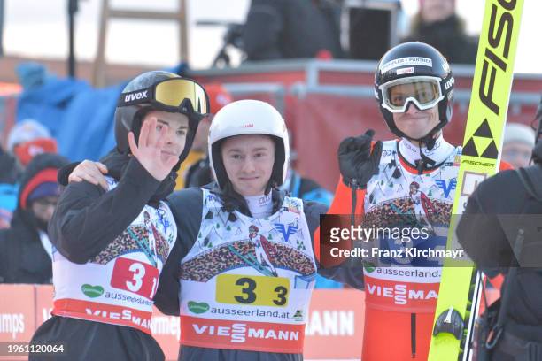 Sandro Hauswirth, Remo Imhof and Gregor Deschwanden of Switzerland competes during the Team HS235 competition at the FIS Ski Flying World...