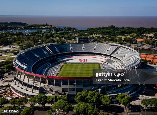 Aerial view of the Estadio Más Monumental Antonio Vespucio Liberti prior to a match between River Plate and Argentinos Juniors as part of group A of...