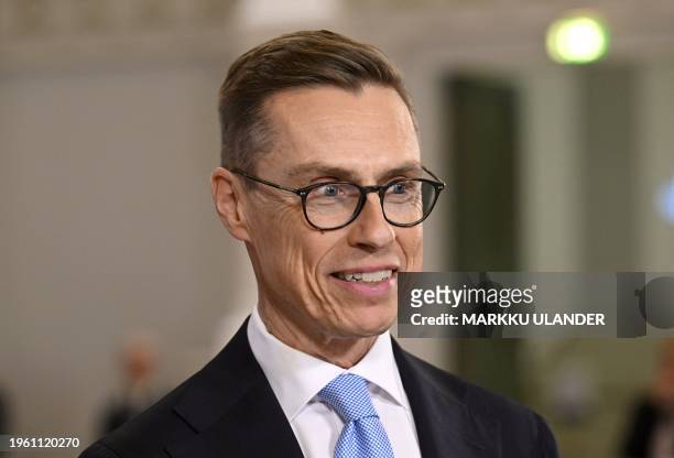 Finnish former prime minister and candidate of the National Coalition Party NCP Alexander Stubb take part in an the Presidential election night...