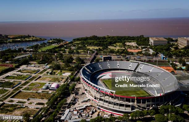 Aerial view of the Estadio Más Monumental Antonio Vespucio Liberti prior to a match between River Plate and Argentinos Juniors as part of group A of...
