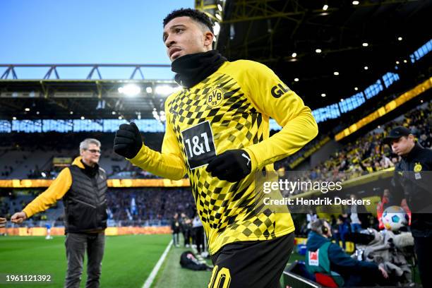 Jaden Sancho of Borussia Dortmund walks onto the pitch prior to the Bundesliga soccer match between Borussia Dortmund and VfL Bochum 1848 at Signal...
