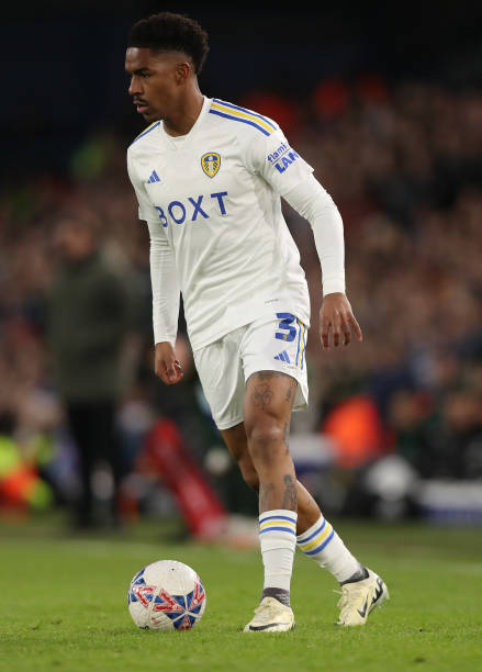 Leeds United's Junior Firpo in action during the Emirates FA Cup fourth round match at Elland Road, Leeds. Picture date: Saturday January 27, 2024.