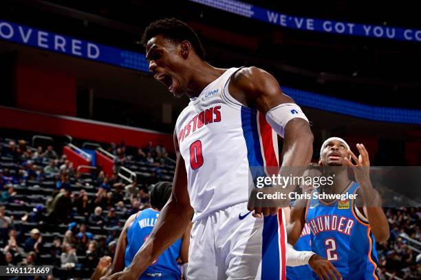 Jalen Duren of the Detroit Pistons celebrates during the game against the Oklahoma City Thunder on January 28, 2024 at Little Caesars Arena in...