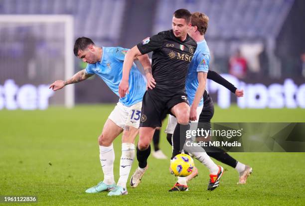 Leander Dendoncker of SSC Napoli competes for the ball with Alessio Romagnoli of SS Lazio ,during the Serie A TIM match between SS Lazio and SSC...