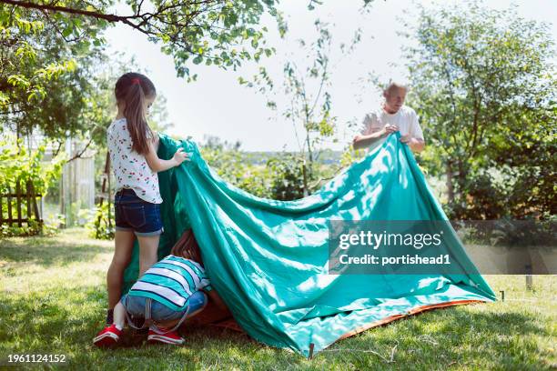 assembling camping tent - backyard tent stock pictures, royalty-free photos & images